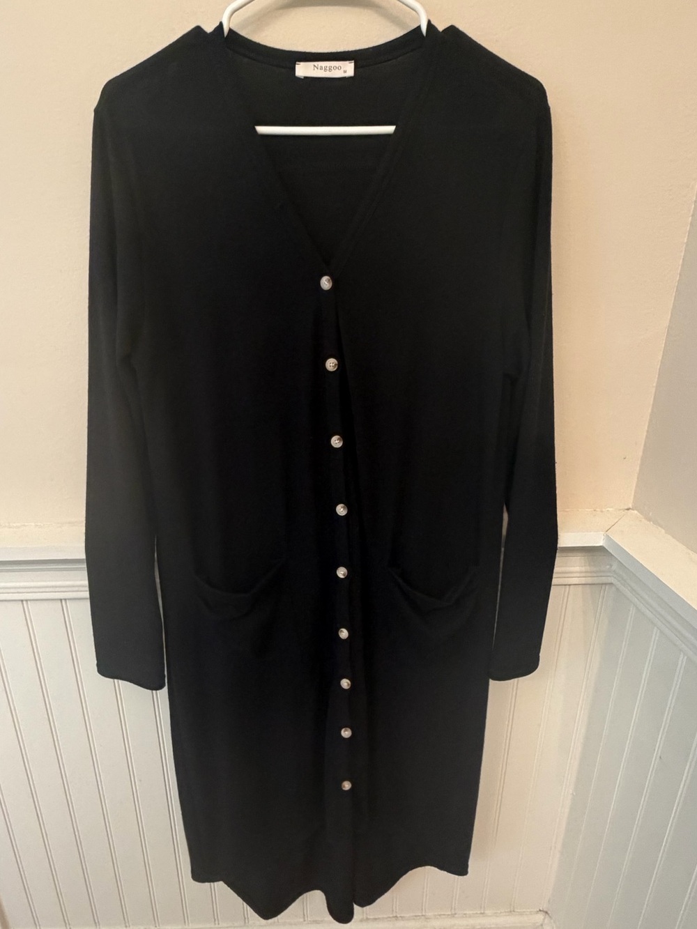 Long Black Button-Front Cardigan with Pockets
